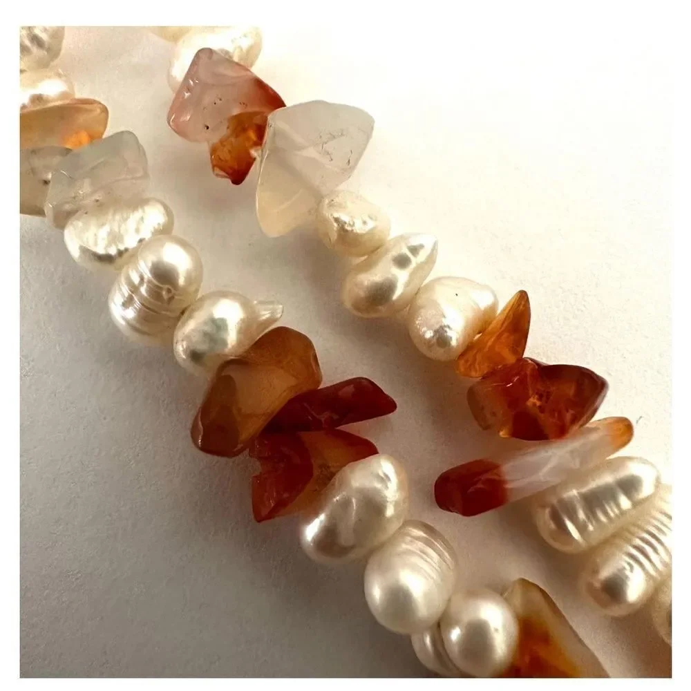 Freshwater pearl and carnelian chip long necklace